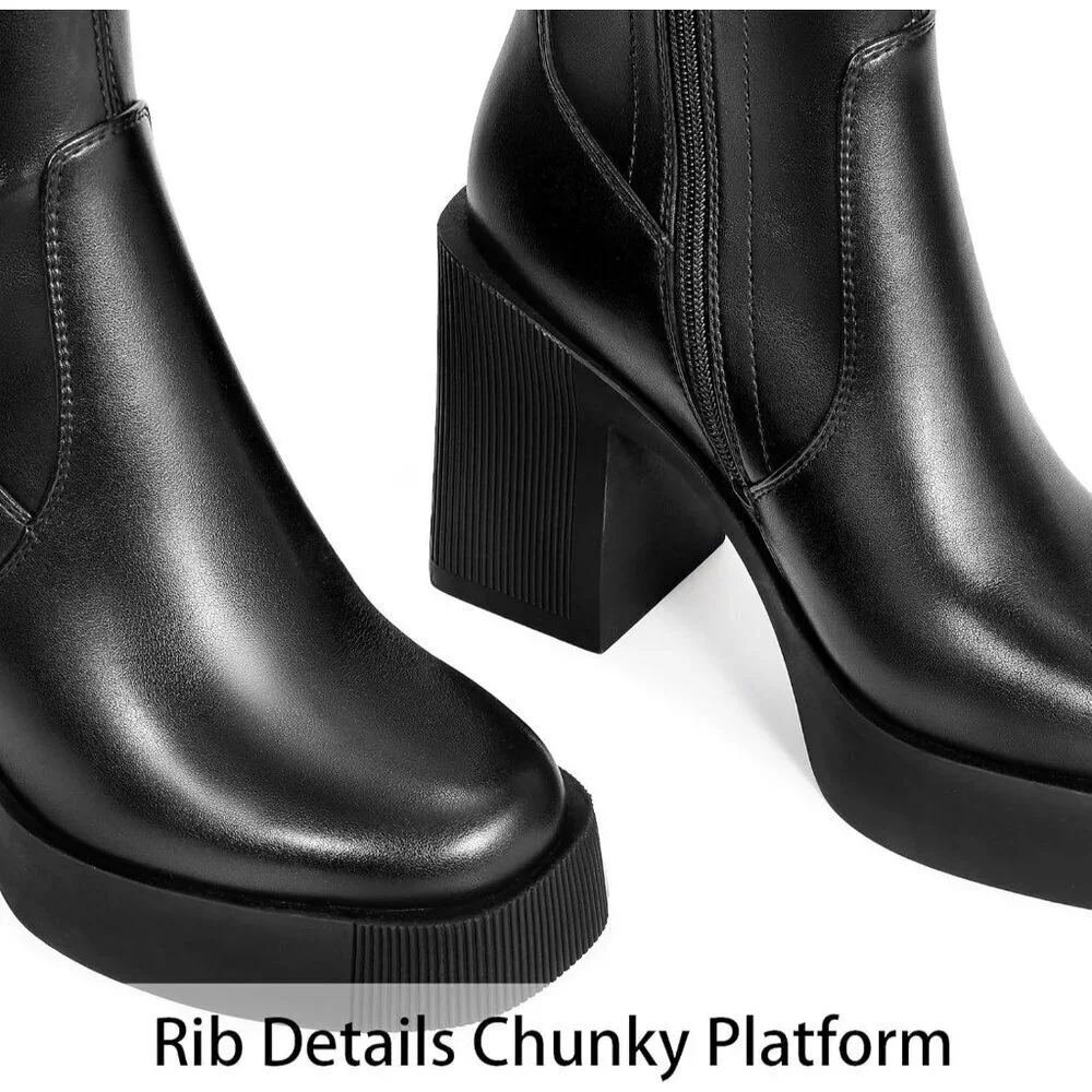 Platform Knee High Boots Chunky High Heel Black Gogo Boot Side Zipper